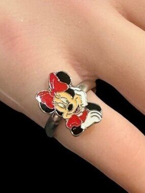 Vintage Disney Ring Minnie Mouse Enamel Red Black Silver Tone Adjustable Size 5